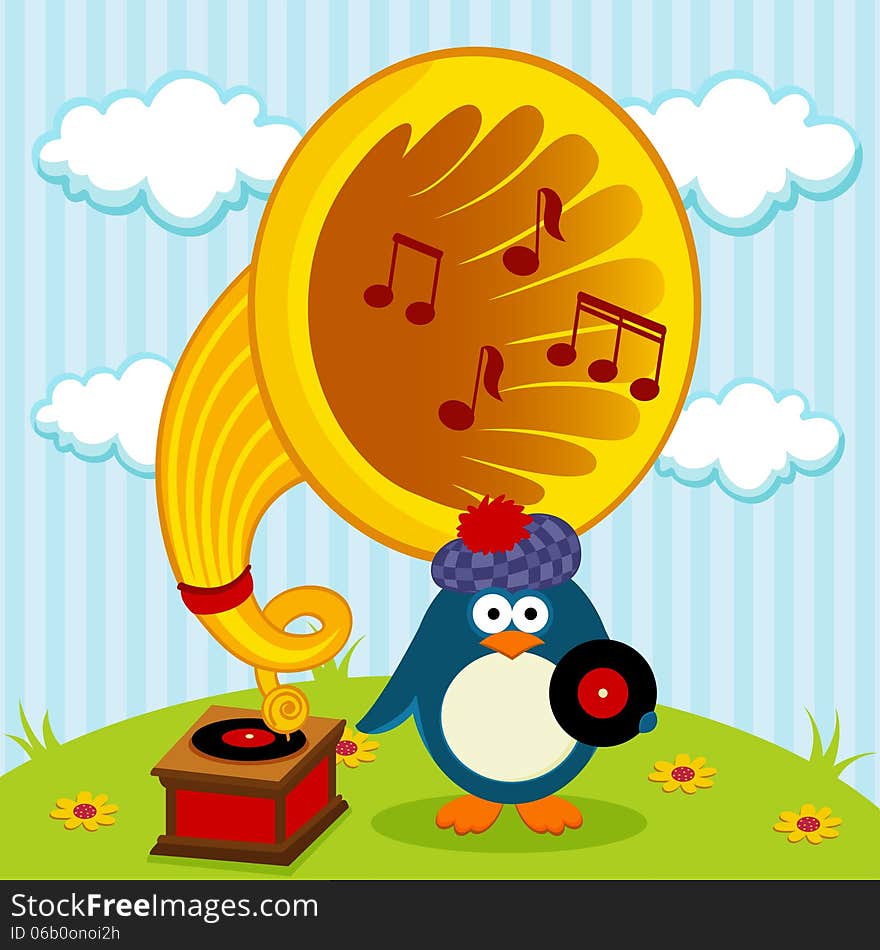 Penguin with a gramophone