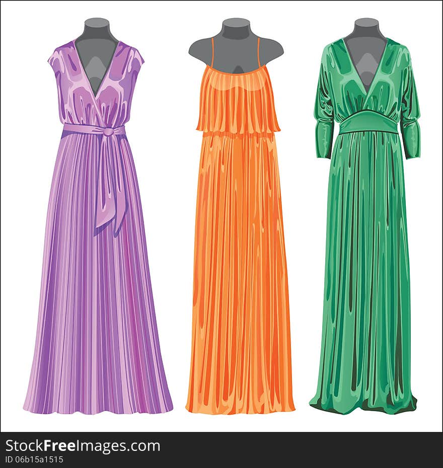 Set Of Three Long Evening Elegant Silk Dresses.