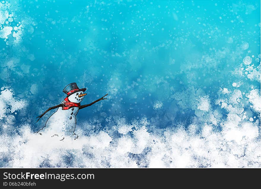 I cool snow man in a red scarf against a swirling blustery blue background. I cool snow man in a red scarf against a swirling blustery blue background