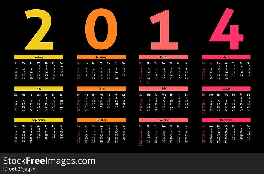 2014 year calendar in neon - dark style. 2014 year calendar in neon - dark style