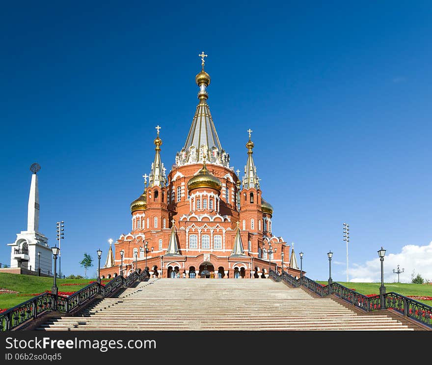 Saint Michael's Cathedral is the main Orthodox church of Udmurtia in Russia. It is rebuilt in 2007 in Izhevsk. Saint Michael's Cathedral is the main Orthodox church of Udmurtia in Russia. It is rebuilt in 2007 in Izhevsk.