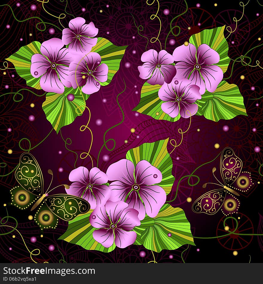 Seamless dark floral pattern with pink flowers and butterflies (vector eps 10). Seamless dark floral pattern with pink flowers and butterflies (vector eps 10)