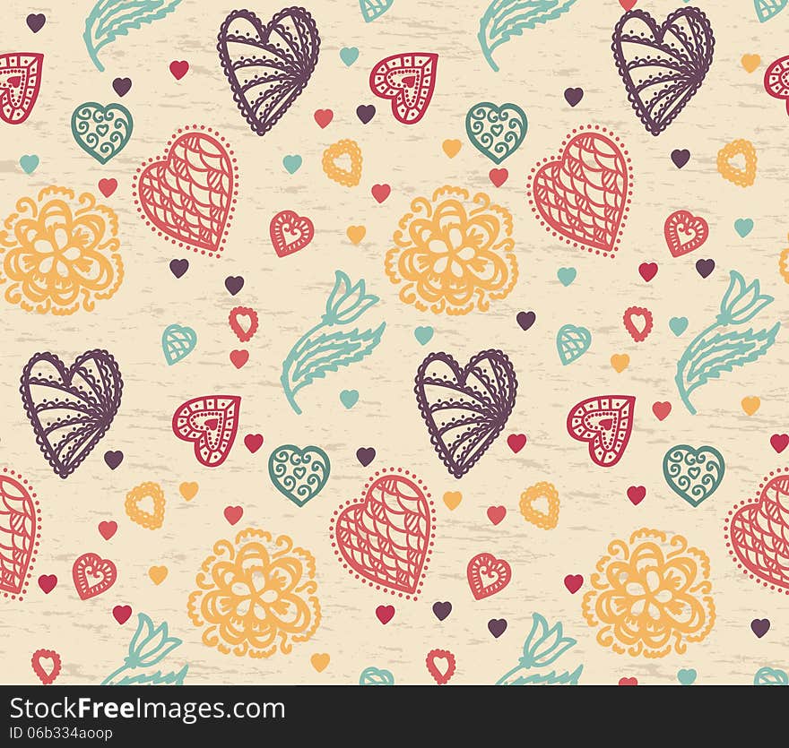 Retro seamless pattern with colorful hearts and flowers. Retro seamless pattern with colorful hearts and flowers