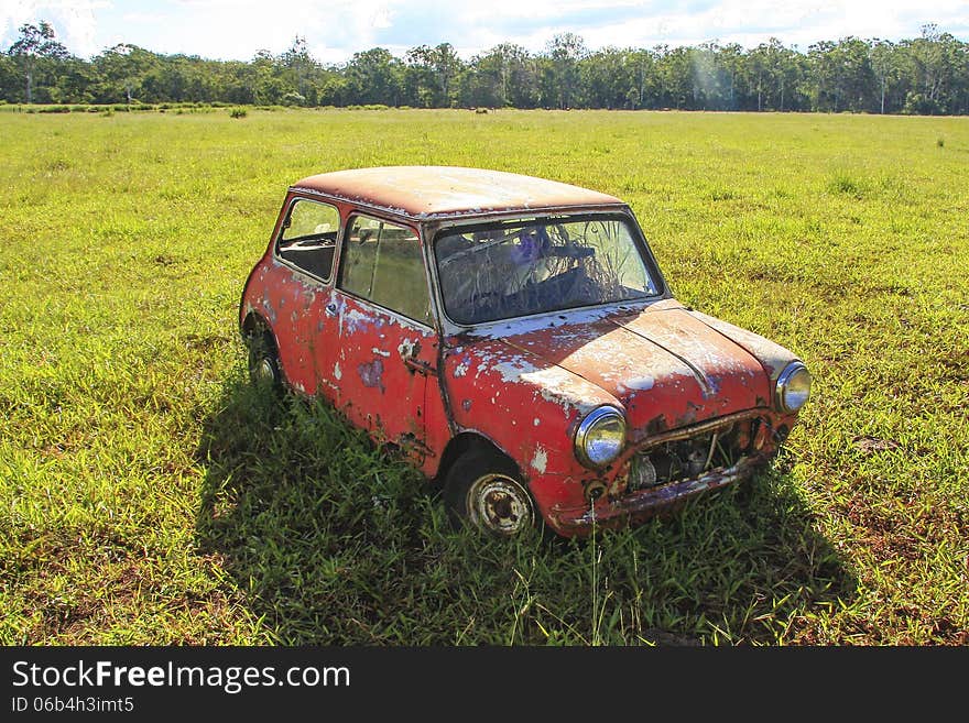 Red Mini-Minor car abandoned in cow pasture. Red Mini-Minor car abandoned in cow pasture