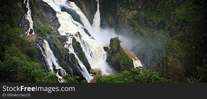 Panorama view of Barron Falls in flood