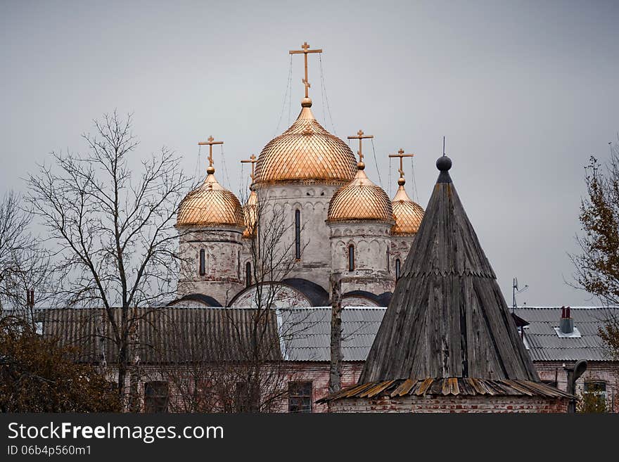 Golden Domes of orthodox church in monastery in Mozhaisk (Moscow region)