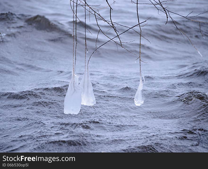 Beautiful Natural Ice Ornaments on the Trees. Unusual Winter Landscape