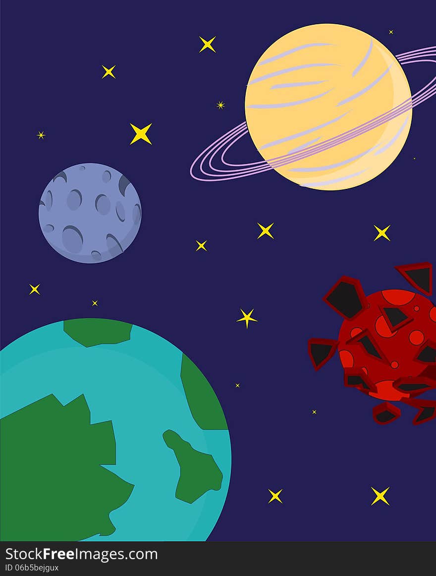 A cartoon visualisation of planets in the universe. Earth, Moon, Saturn, Mars