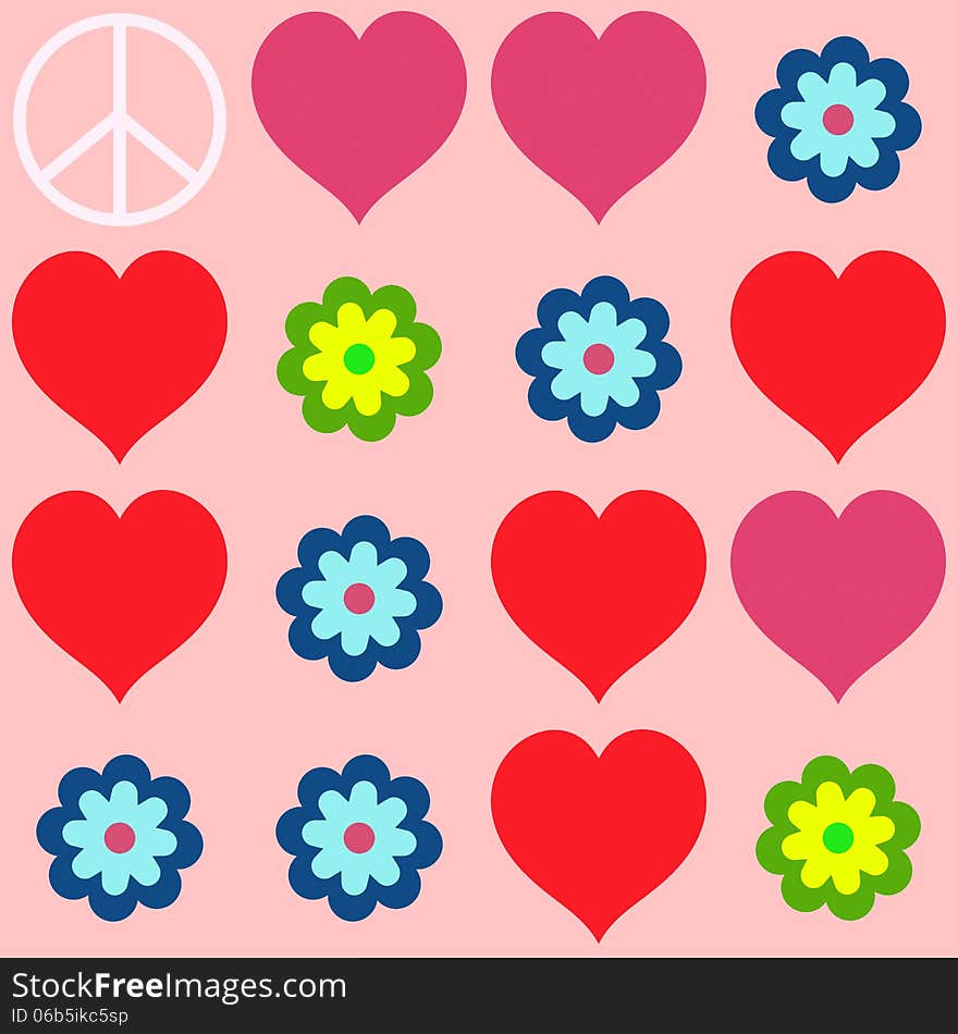 Many shapes of heart, flowers and  peace symbol