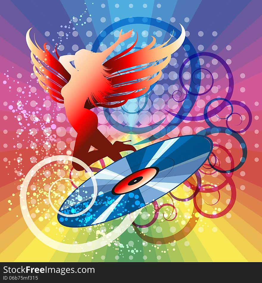 Illustration with vinyl disc and dancing winged girl against rainbow festive background. Illustration with vinyl disc and dancing winged girl against rainbow festive background