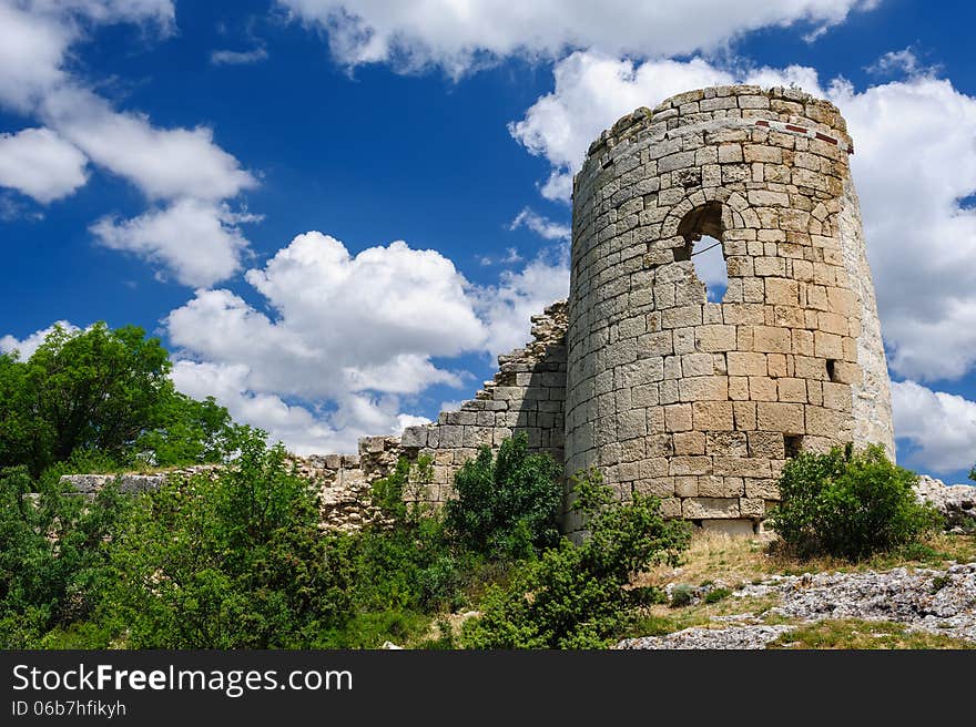 Suyren Fortress, defensive wall with tower. Crimea, Ukraine.