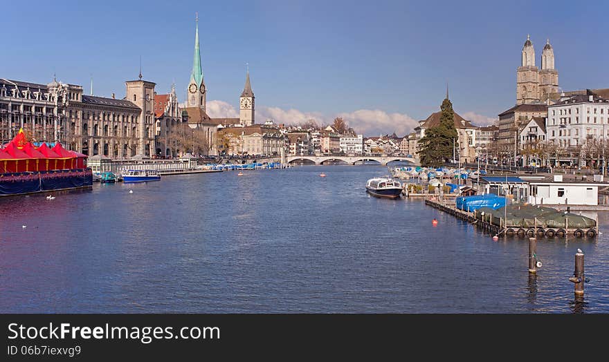 Zurich, Switzerland - view along the Limmat river. Zurich, Switzerland - view along the Limmat river.