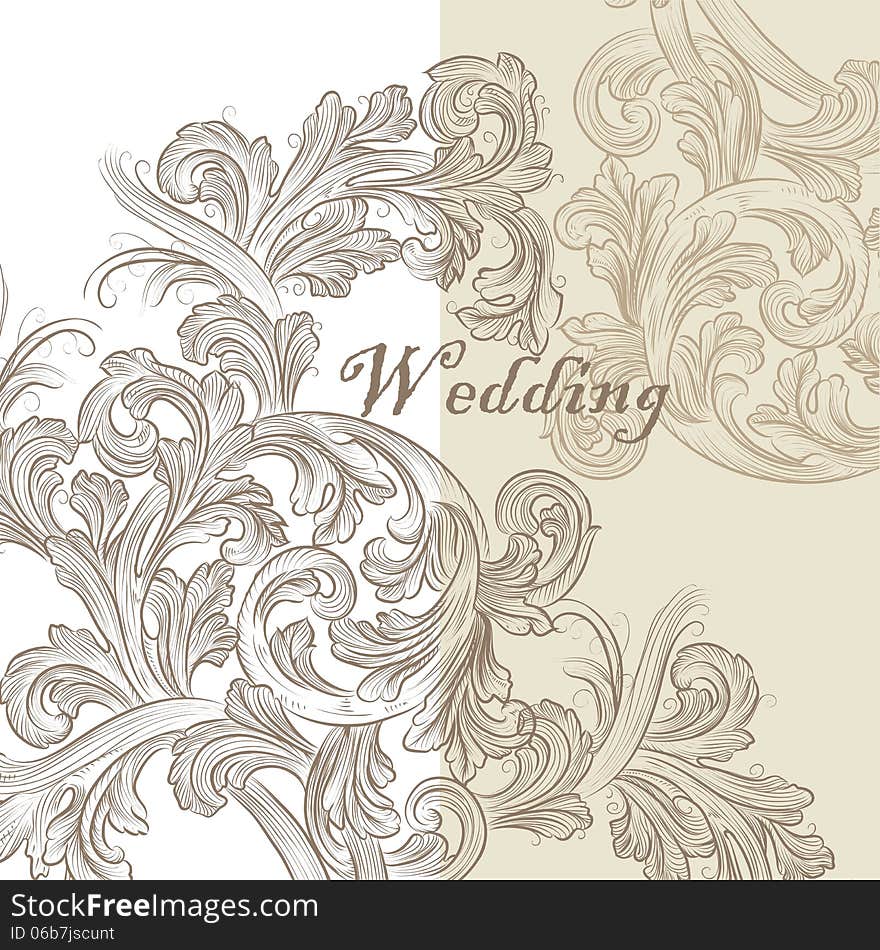 Vector hand drawn invitation design in classic floral style. Vector hand drawn invitation design in classic floral style