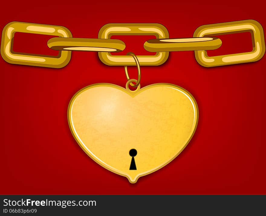 Beautiful gold heart with chain on a red background. Beautiful gold heart with chain on a red background