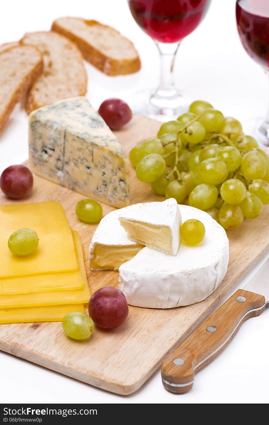 Cheese Platter, Grapes, Ciabatta And Two Glass Of Wine