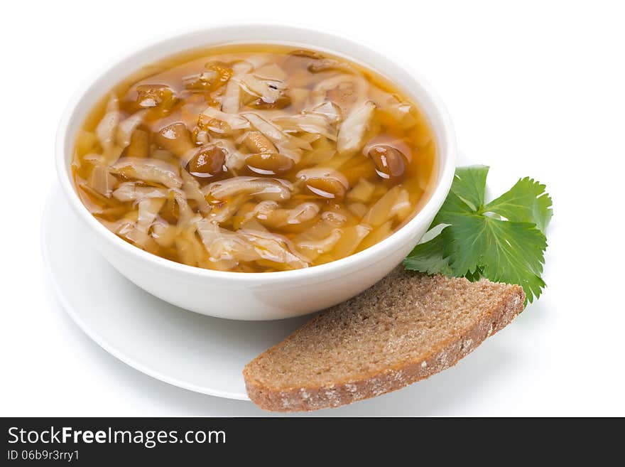 Traditional Russian cabbage soup &x28;shchi&x29; with mushroom, isolated