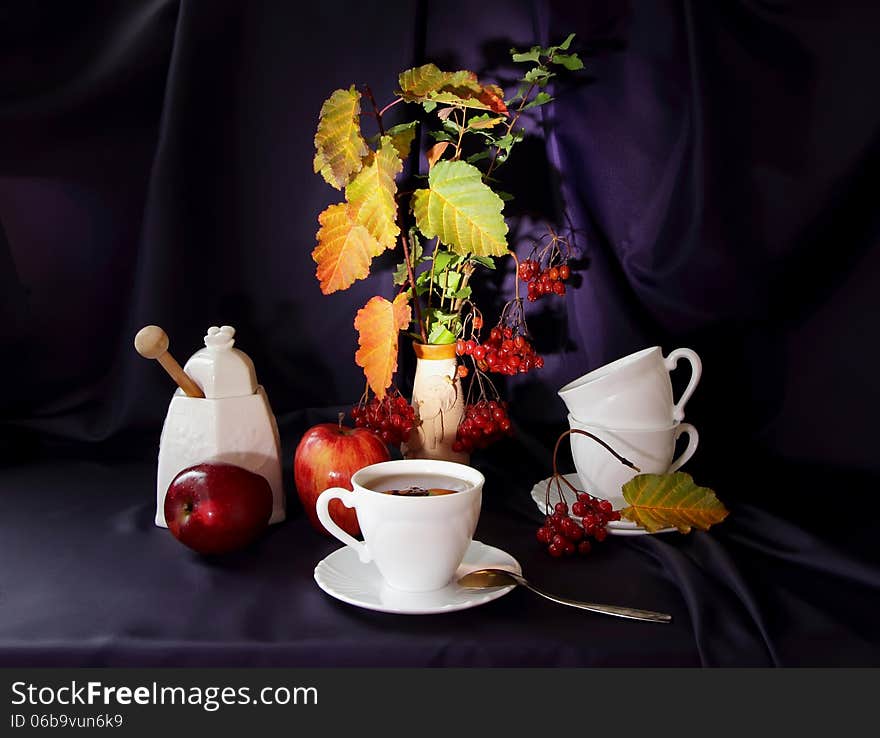 Afternoon tea in the beautiful white cups. Afternoon tea in the beautiful white cups