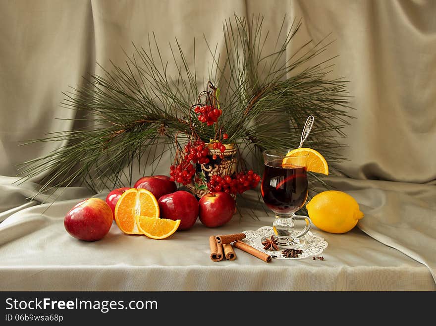 Preparation of mulled wine with spices, honey, orange slices. Preparation of mulled wine with spices, honey, orange slices