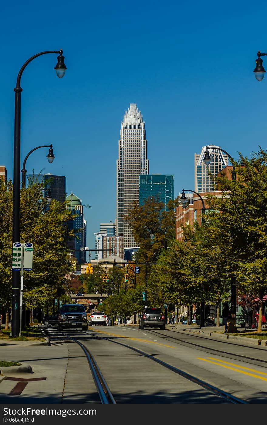 Charlotte city skyline autumn season with blue sky