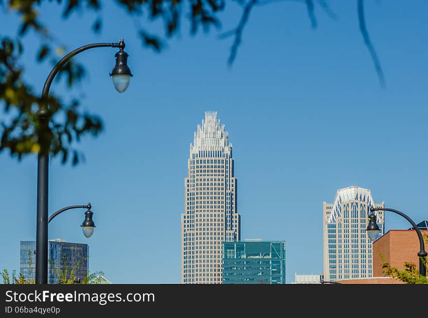 Charlotte city skyline autumn season with blue sky