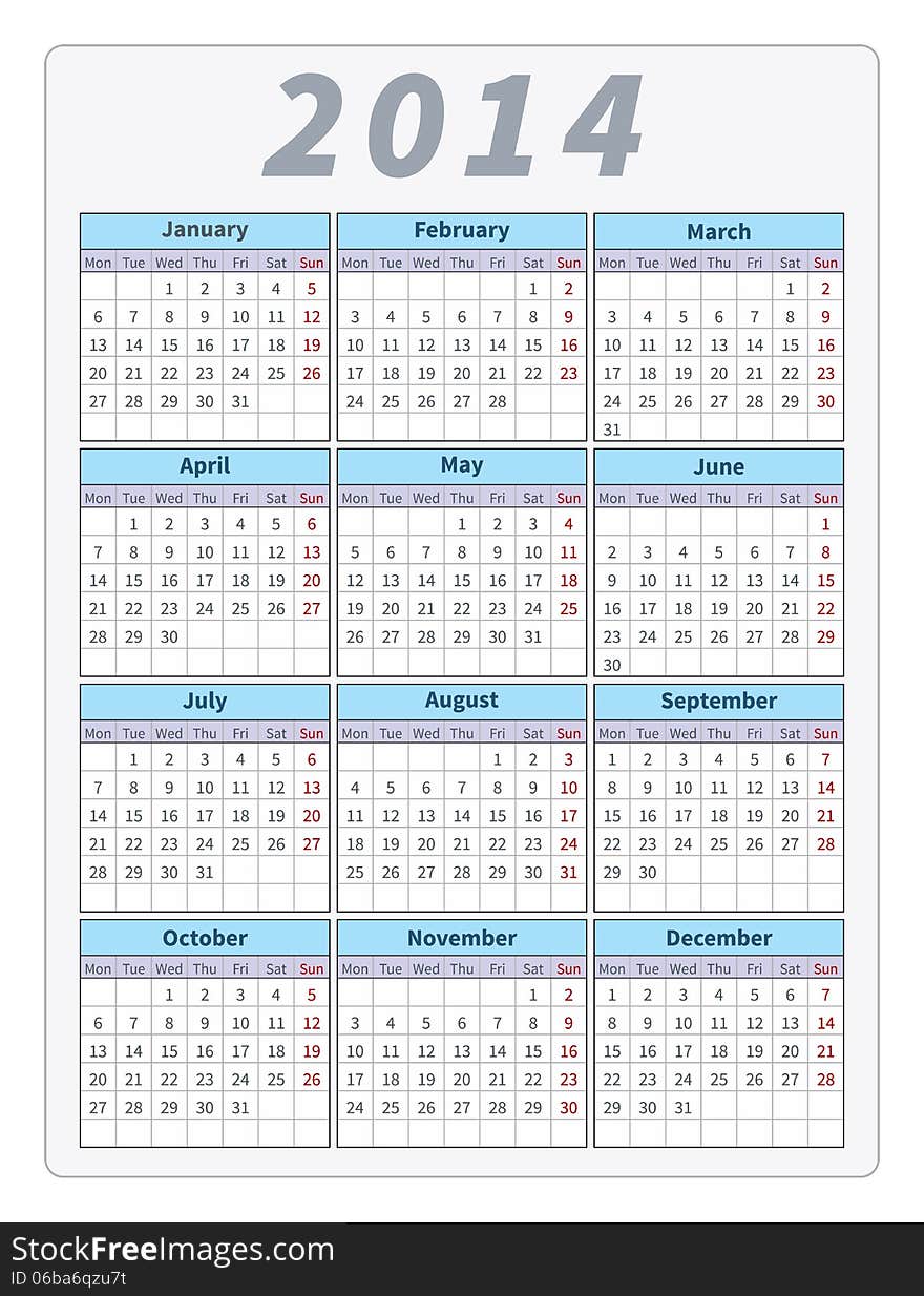 Vector illustration of 2014 calendar. Vector illustration of 2014 calendar