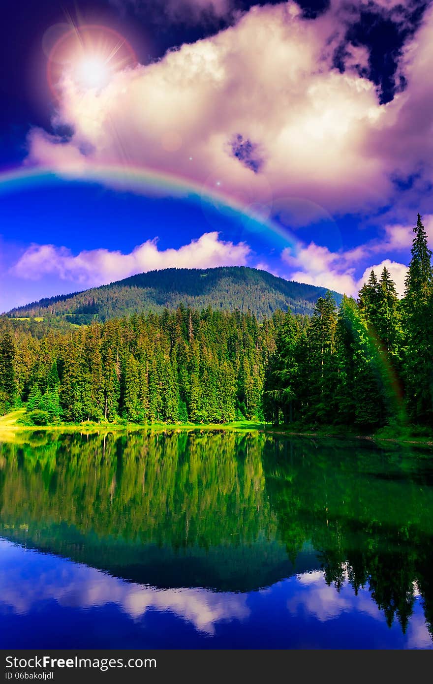 Morning in forest near lake in mountains