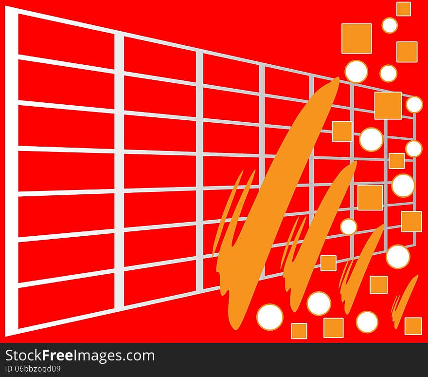 Red background with mesh circle and squares