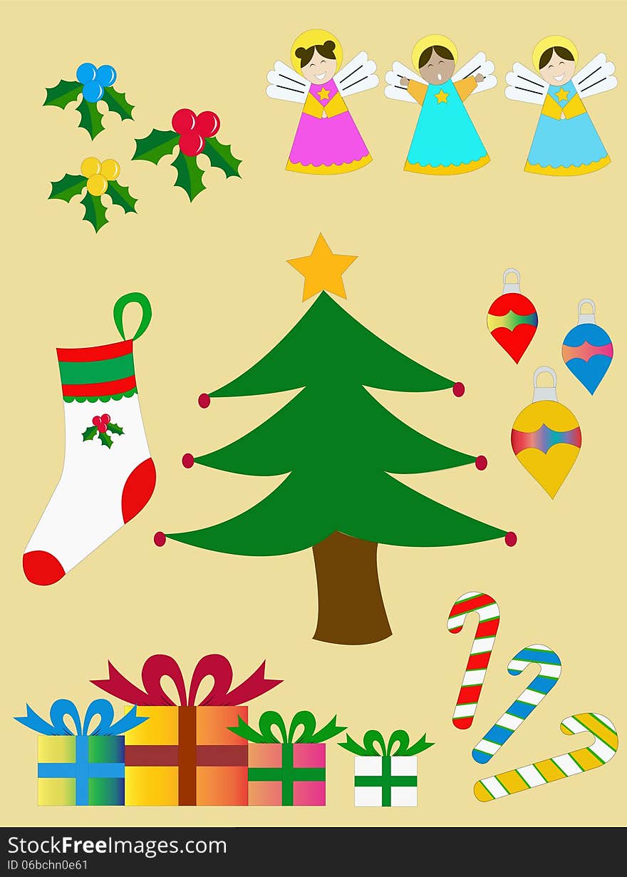 Set Christmas figures, consisting Christmas flower in red, blue and yellow, three angels, half hanging, a pine tree with star, Christmas three balls, four boxes of gifts in various sizes and three candy canes.