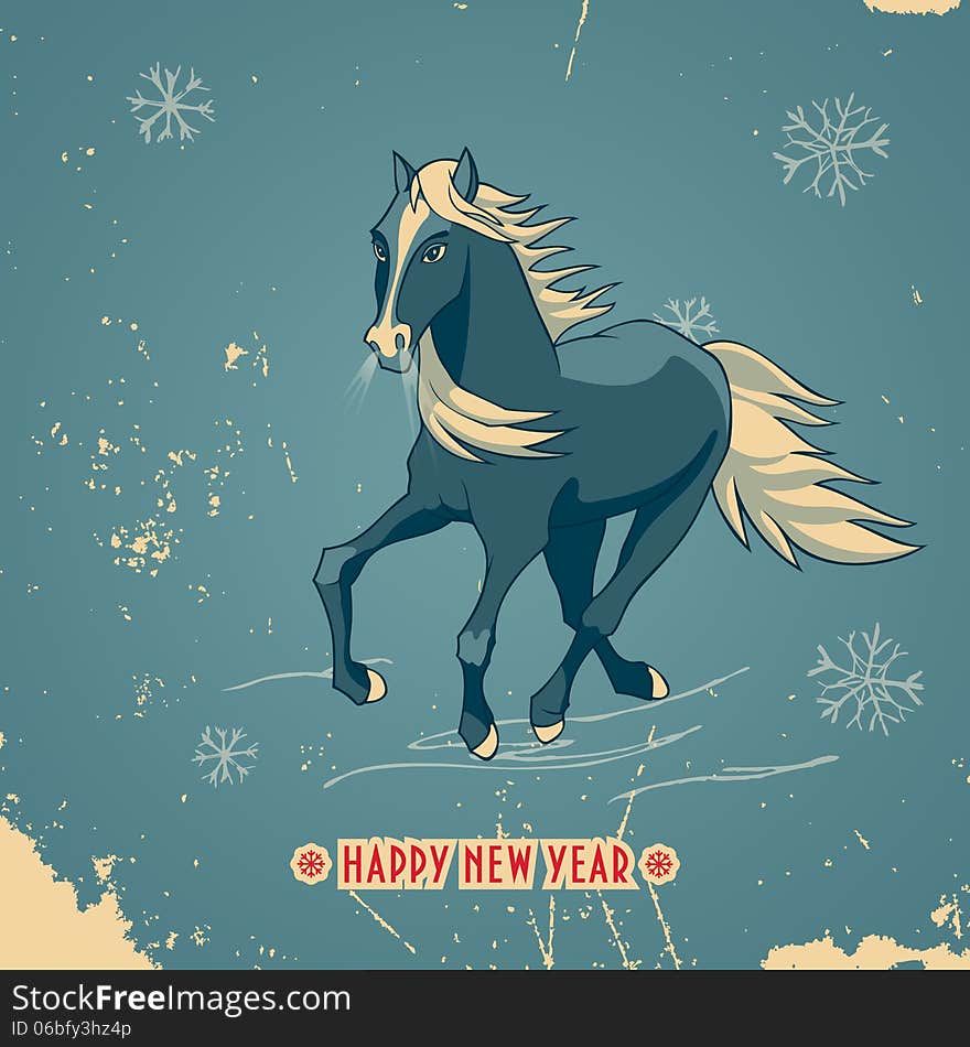 Happy New Year vintage card with blue horse