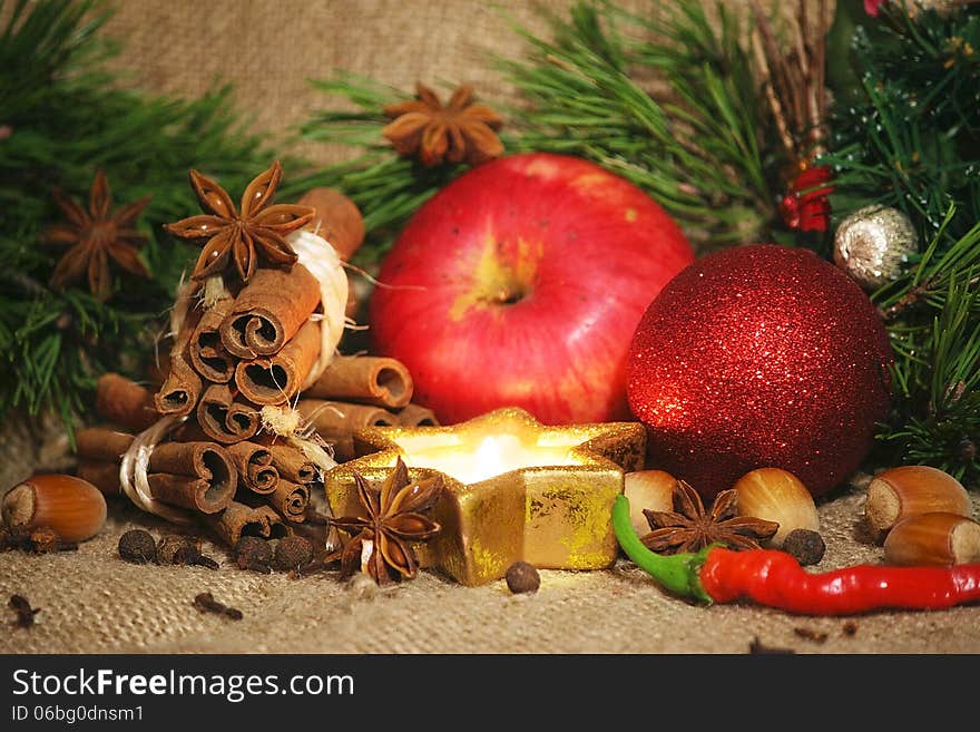 Christmas anice star and red apple. Christmas anice star and red apple