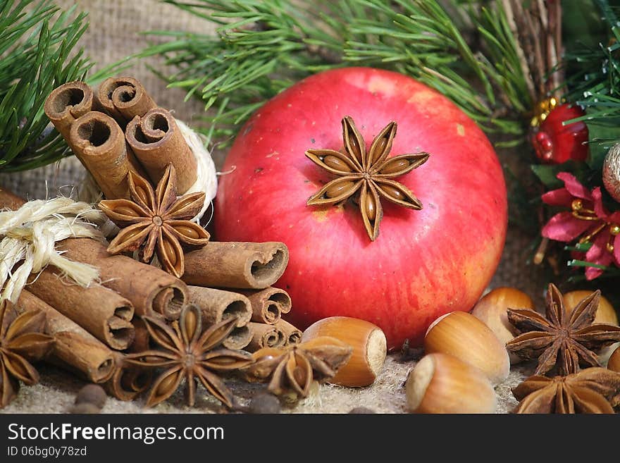 Christmas anice star and red apple. Christmas anice star and red apple