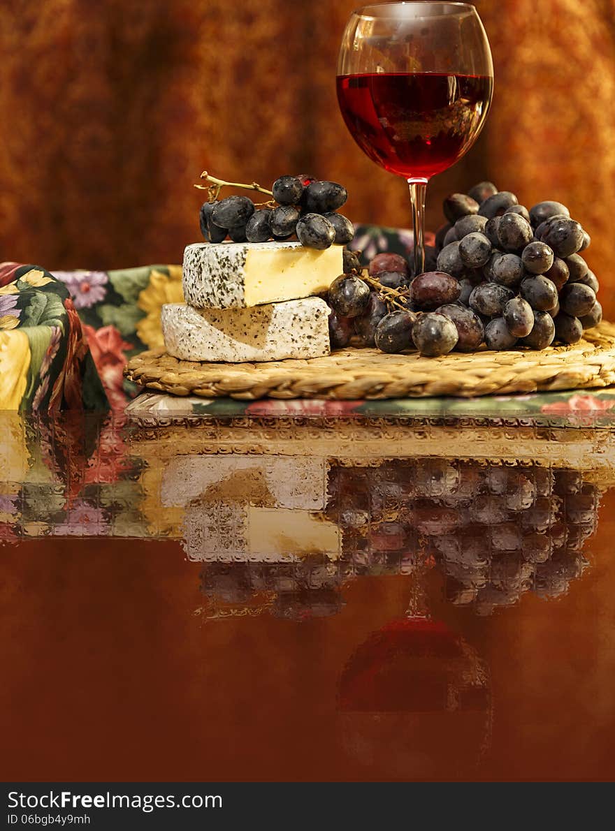 Red wine, grapes and brie cheese. Red wine, grapes and brie cheese