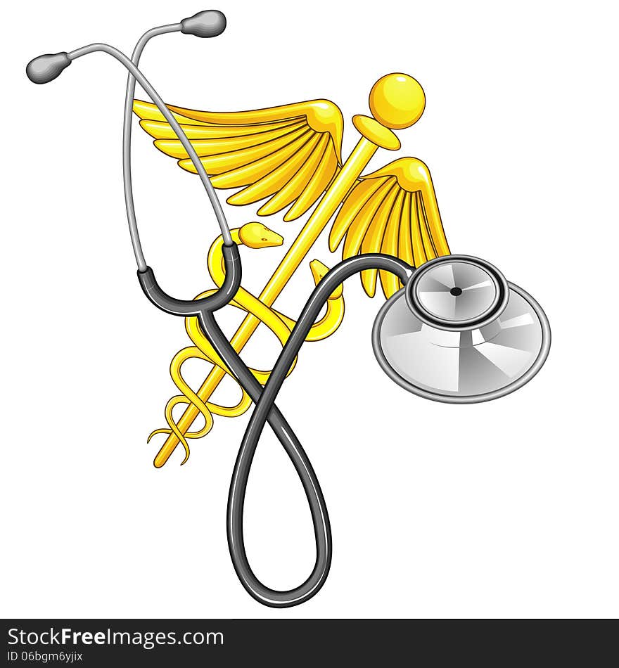 Symbol of medicine caduceus and stethoscope isolated over white