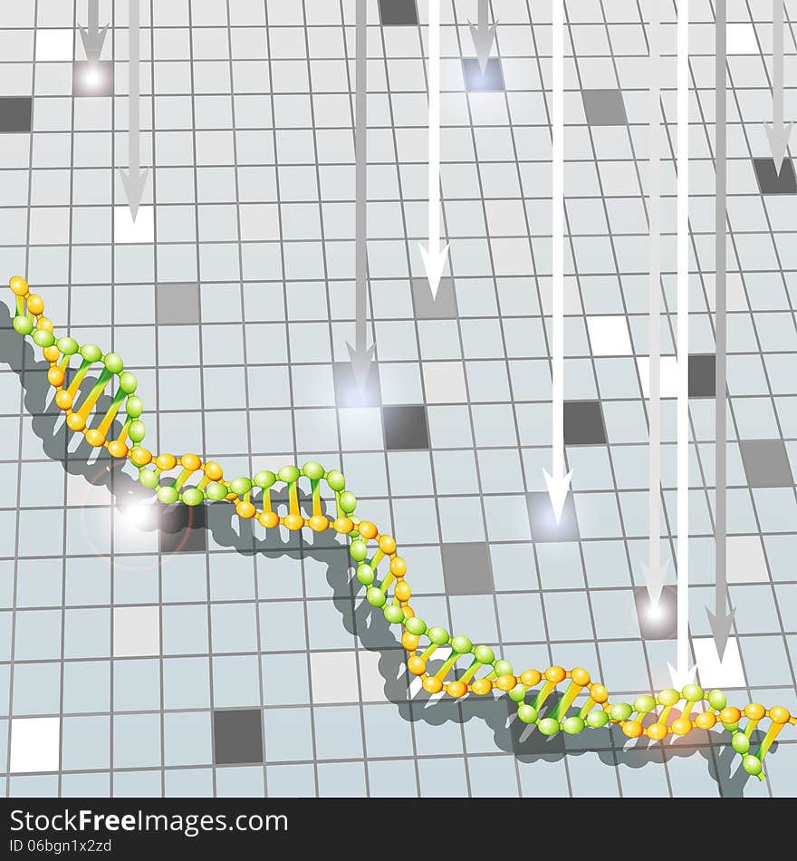 Gray medical background with arrows and strand of DNA. Gray medical background with arrows and strand of DNA