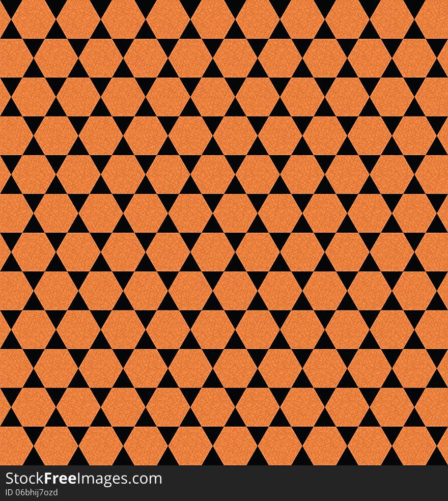 Abstract mosaic background. Orange hexagons with black triangles. File without gradients, effects and transperency. Abstract mosaic background. Orange hexagons with black triangles. File without gradients, effects and transperency