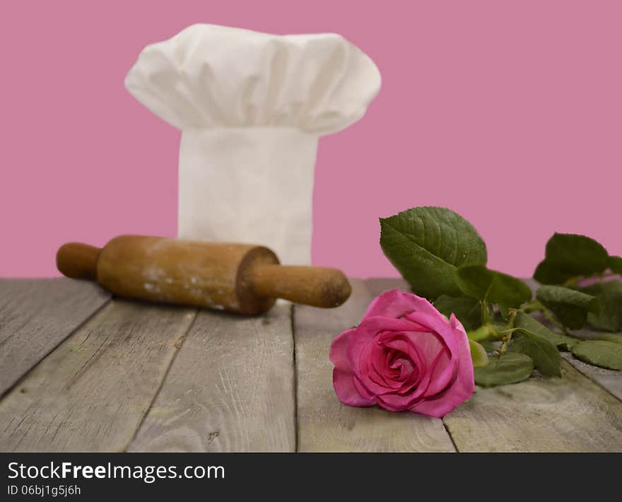 Chef s toque with pink rose 2