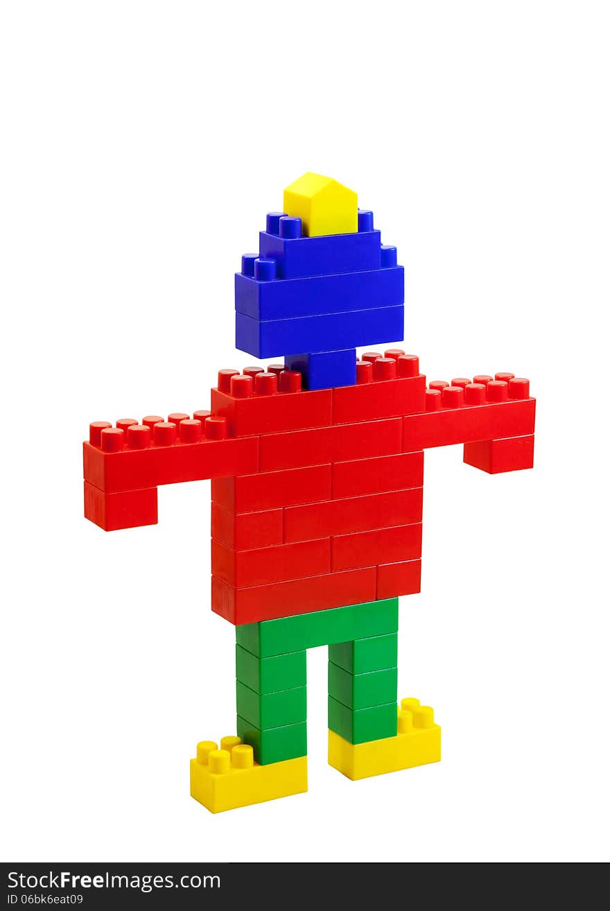 Toy man of colored blocks closeup isolated on white background