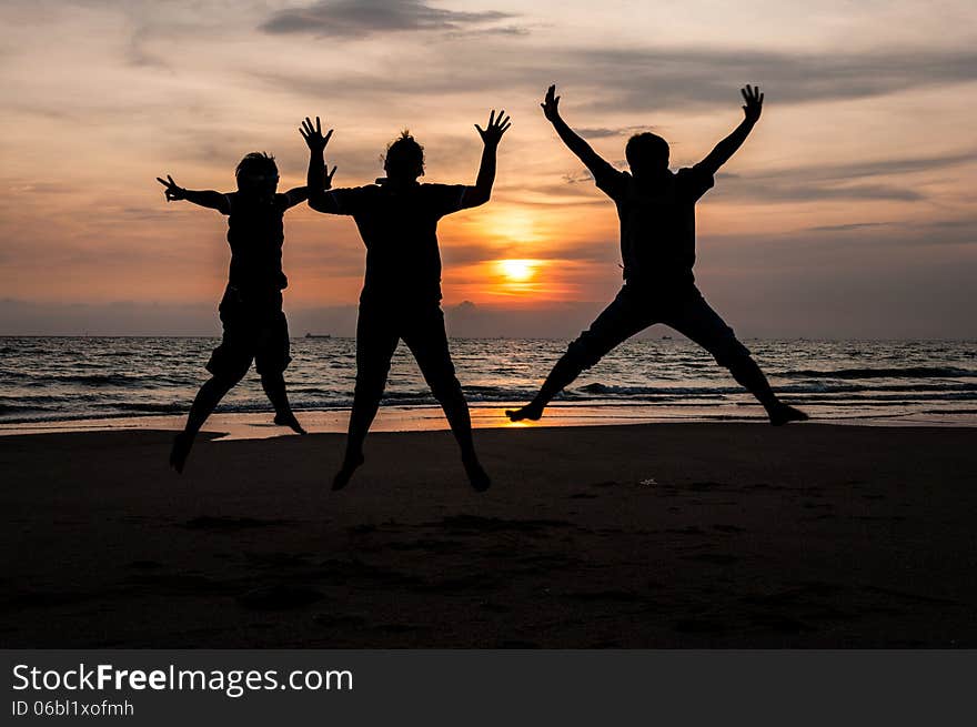 Friend group jump at beach, Rayong, Thailand