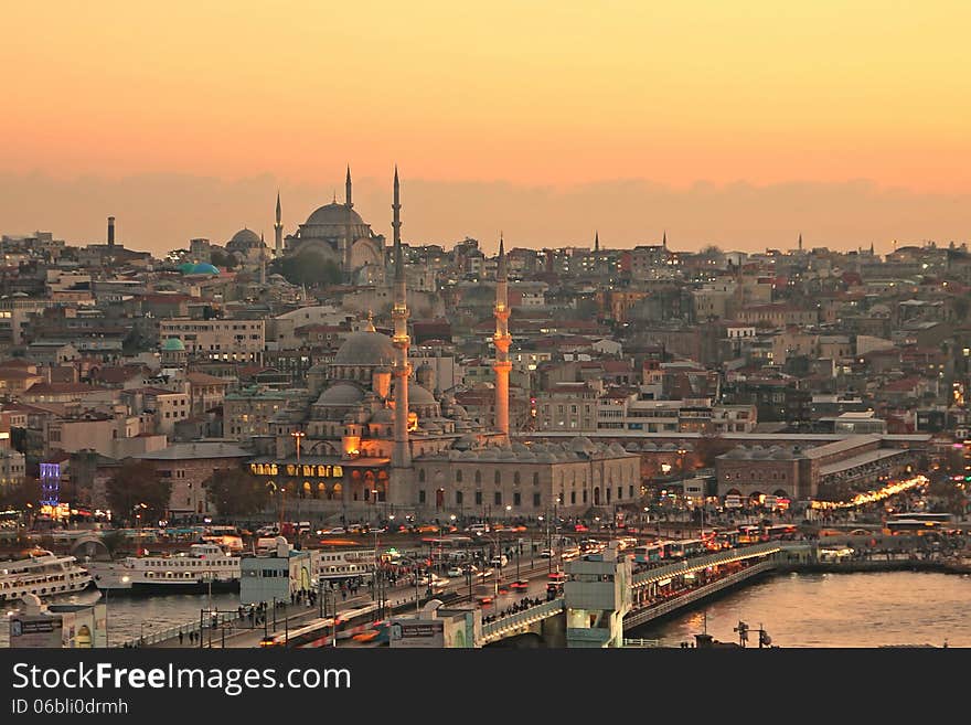 Istanbul Old city and galata bridge at sunset, rush hour