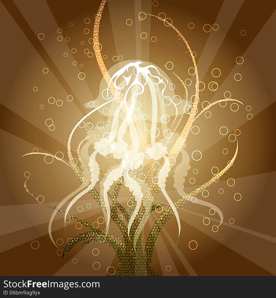 Illustration with seaweeds and jellyfish against orange bubbles background drawn in fantasy cartoon style. Illustration with seaweeds and jellyfish against orange bubbles background drawn in fantasy cartoon style