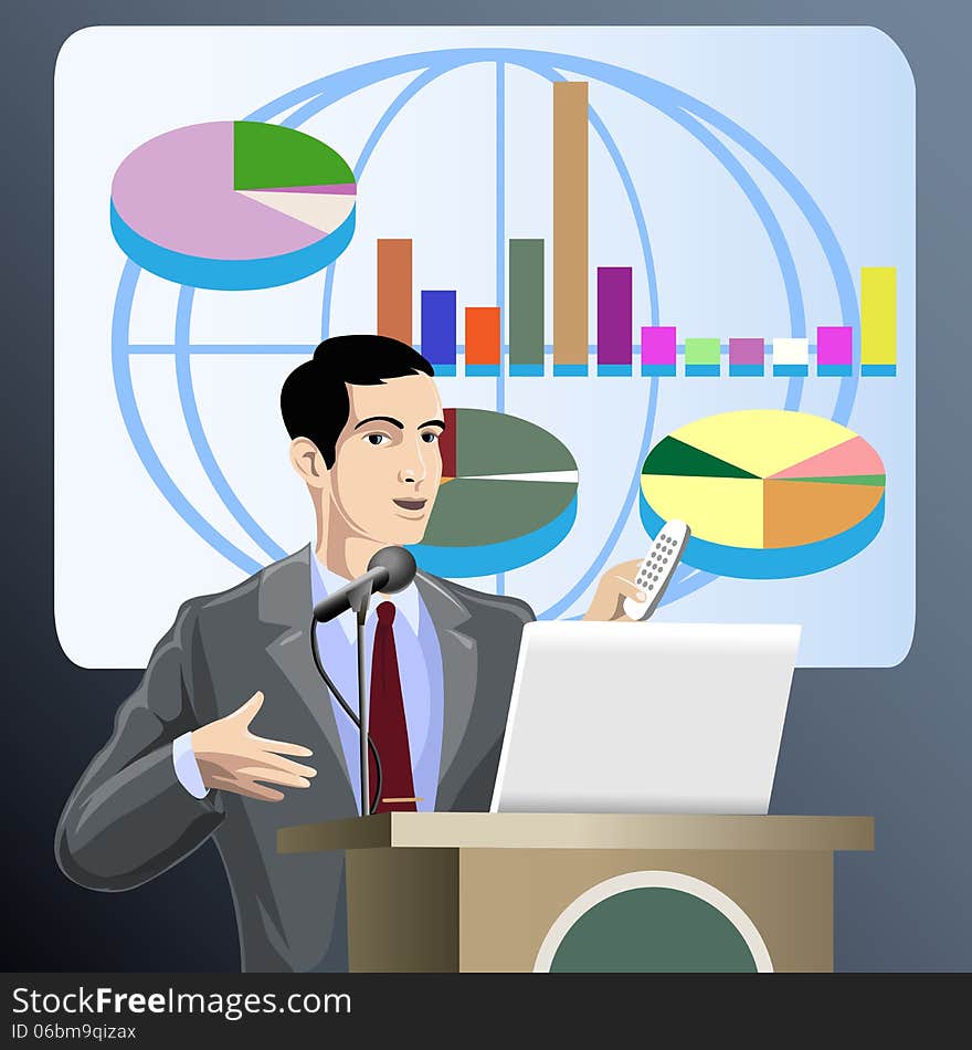 Illustration with discussing young man who presents new economic project against visual screen with charts and schedules. Illustration with discussing young man who presents new economic project against visual screen with charts and schedules