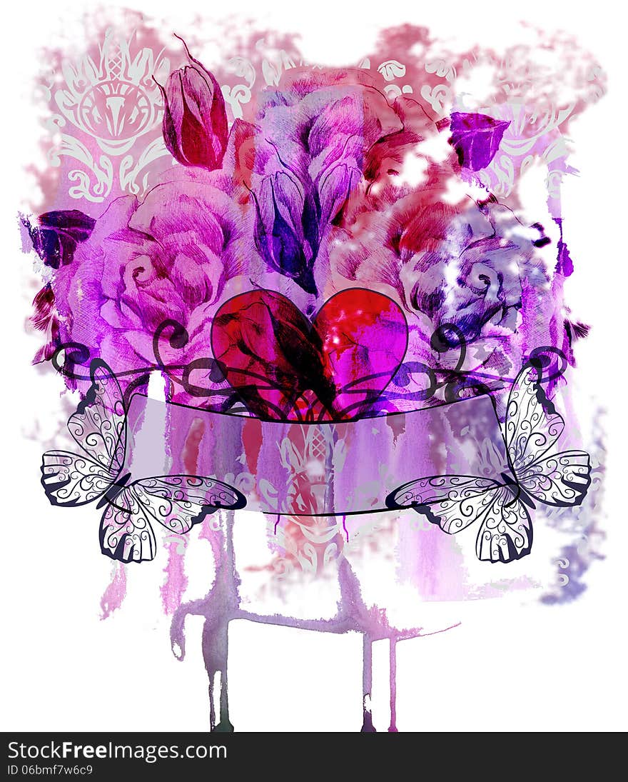 Abstract mix with heart, roses and butterflies