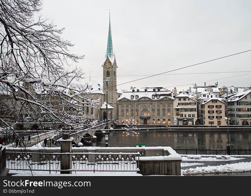 The zurich river Limmat river during a winter day. The zurich river Limmat river during a winter day