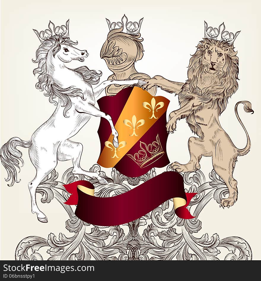 Vector heraldic illustration in vintage style with shield, armor, crown and horses for design. Vector heraldic illustration in vintage style with shield, armor, crown and horses for design