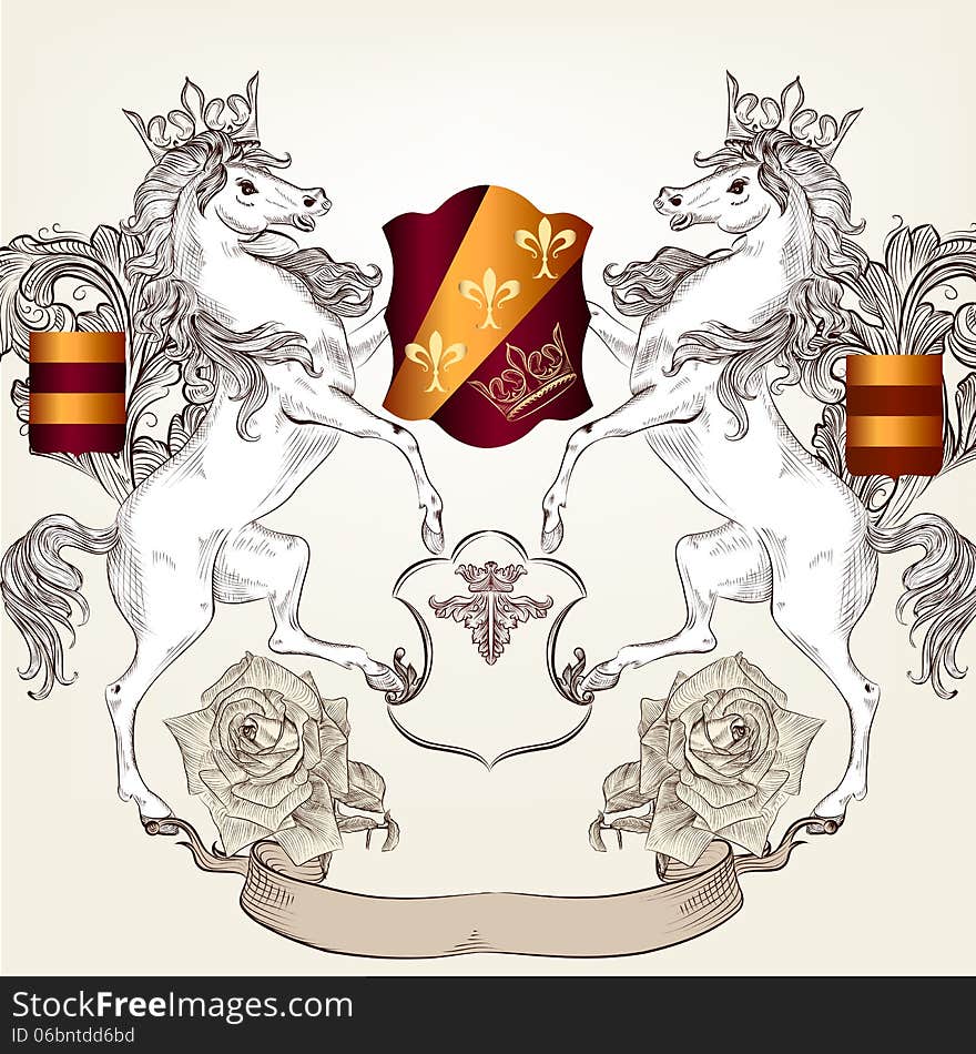 Design with heraldic horses   in vintage style