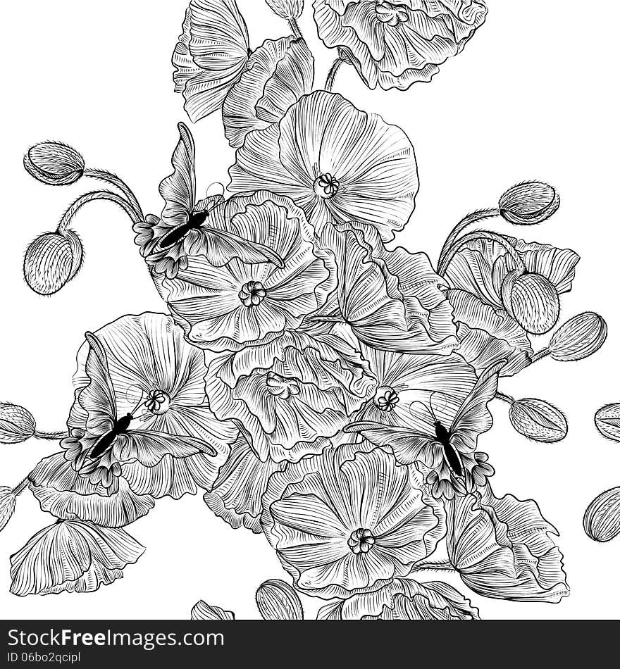 Vector seamless wallpaper pattern with poppy flowers