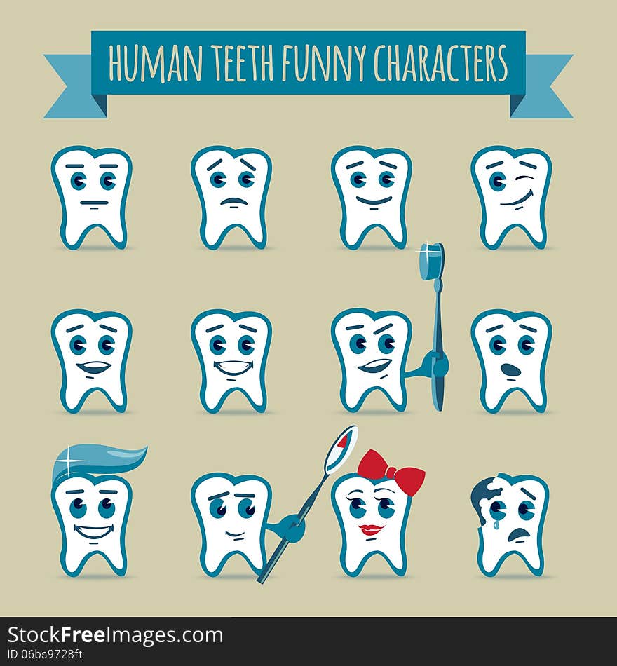 Vector icons set of human teeth funny cartoon characters with various emotions. Vector icons set of human teeth funny cartoon characters with various emotions