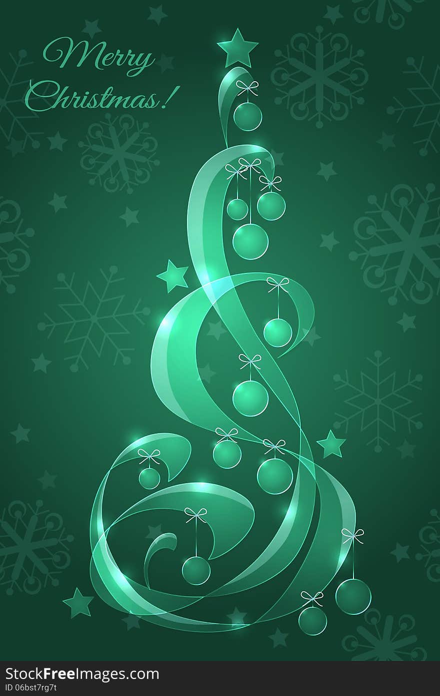 Stylized glass Christmas tree with Christmas balls. Decorative green background.