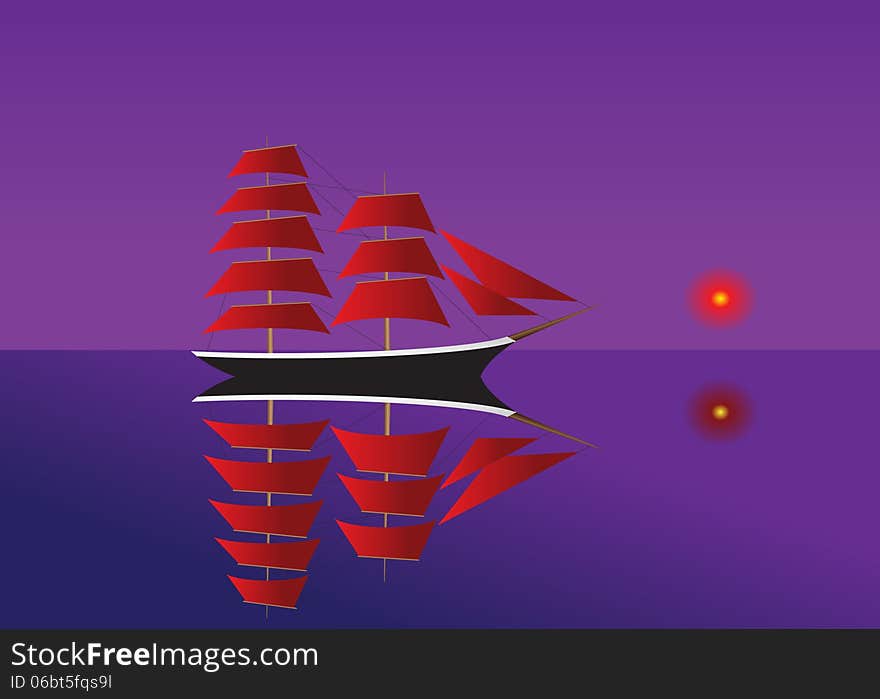 Ship. Ship with red sails on a purple background.