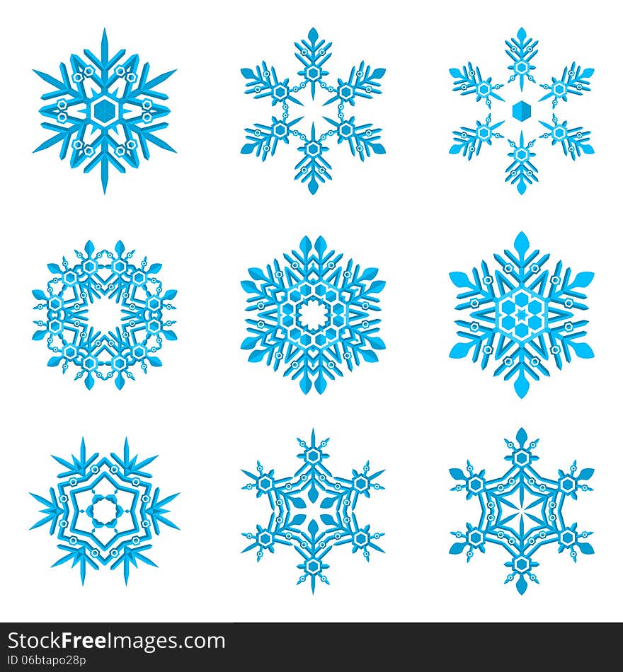 Set of blue snowflakes on white